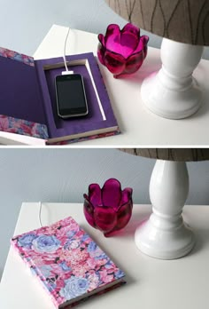 three different views of a table with flowers on it and an electronic device in the middle