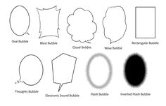 an image of different shapes and sizes of speech bubbles in black and white, with text below