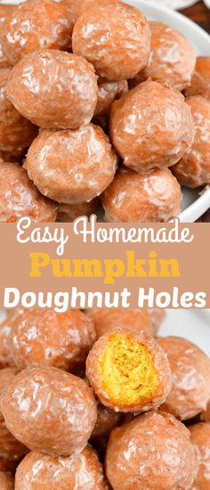 homemade pumpkin doughnut holes are stacked on a plate