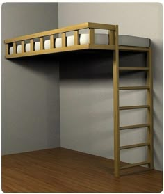 a wooden bunk bed sitting on top of a hard wood floor next to a white wall