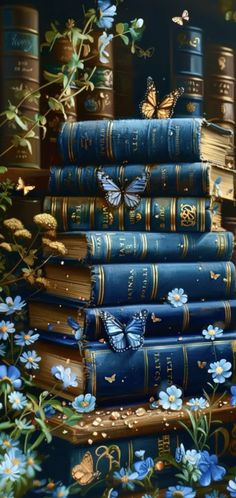 a painting of blue books with butterflies on them and flowers in the foreground,