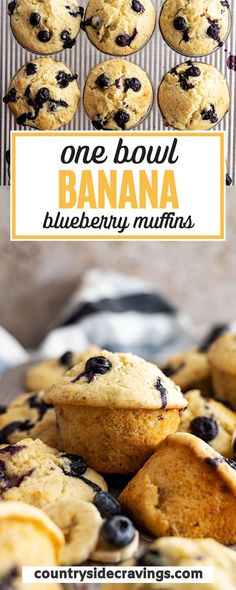 one bowl banana blueberry muffins on a plate with the title overlay