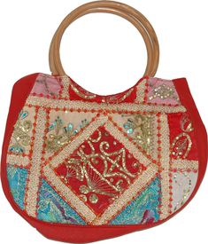 Indian Inspired Hobo Bag - College Hobo Bag Material 100% Cotton Colors Blood Red Measurement Depth 9" width 14" with a round handle More details: The patchwork and embroidery are only on the front of the bag. The back, side and inner lining are plain cotton, closes with a button on the top. It has a rounded handle. Multicolor patches with sequins. Please note that this is a patchwork bag therefore the patches on each bag are different than the same exact patch shown in the picture. Handling: Pl Red Bag With Round Handle For Everyday Use, Red Shoulder Bag With Round Handle For Daily Use, Red Shoulder Bag With Detachable Round Handle, Red Embroidered Handheld Bag, Red Shoulder Bag For Daily Use And Festivals, Traditional Red Satchel Bag, Red Patchwork Tote Shoulder Bag, Traditional Red Top Handle Bag, Red Patchwork Tote Bag