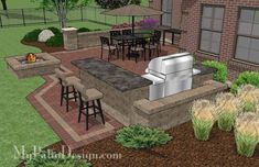 an outdoor kitchen and dining area is depicted in this drawing