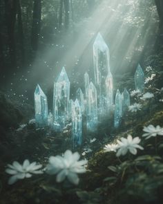 crystal shards in the middle of a forest surrounded by white flowers and grass with sunlight streaming through them