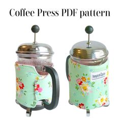 two coffee mugs sitting next to each other with the words coffee press pattern on them