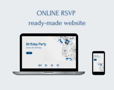 the birthday party website is displayed on a laptop, phone and tablet screen with an email message