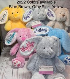 a group of stuffed animals sitting next to each other on a wooden table with name tags