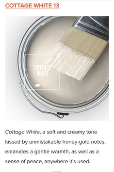 a white paint can with a brush in it and the words linen white on top