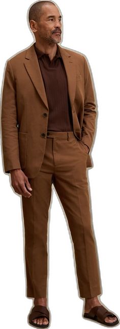 Spring Casual Suits With Notch Lapel, Casual Spring Suits With Notch Lapel, Spring Casual Notch Lapel Suits, Tailored Casual Summer Suits, Casual Tailored Spring Suits, Tailored Casual Spring Suits, Casual Brown Suit With Pockets, Casual Brown Suit With Welt Pockets, Brown Semi-formal Suits For Spring