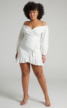 Cant Move On Off The Shoulder Mini Dress in White Linen Look | Showpo USA Sweetheart Neckline Mini Dress With Ruffle Hem For Brunch, Flirty Dress With Ruffle Hem And Surplice Neckline, Sweetheart Neckline Ruched Mini Dress For Brunch, Sweetheart Neckline Dress With Ruffle Hem For Date Night, White Mini Dress With Ruffle Hem And Sweetheart Neckline, Ruched Mini Dress With Sweetheart Neckline For Brunch, Spring Mini Dress With Ruffle Hem And Sweetheart Neckline, Spring Mini Dress With Sweetheart Neckline And Ruffle Hem, Chic Sweetheart Neckline Dress With Ruffle Hem