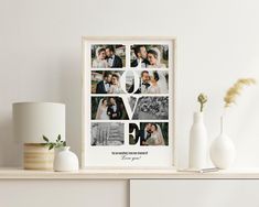 a couple's wedding pictures are displayed on a shelf with vases and flowers