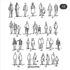 a drawing of people standing in different positions and sizes, each with their own name on it