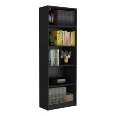 a black bookcase with books on it and some plants in the bottom shelf, against a white background