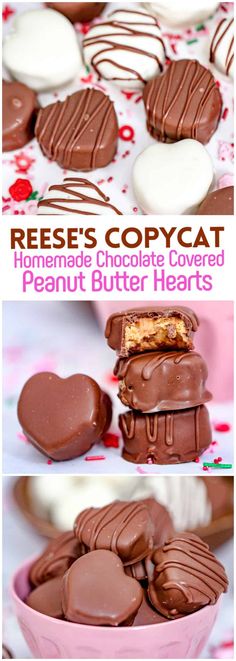 some chocolate covered peanut butter hearts are in a pink bowl and one is cut in half