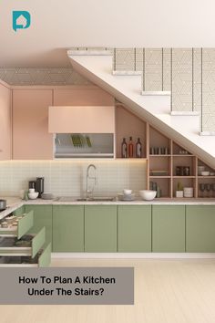 a kitchen with green cabinets and white stairs