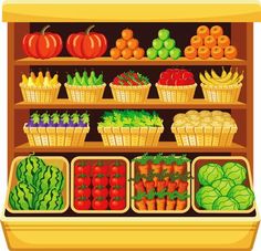 an illustration of a grocery store filled with fresh fruits and vegetables, including tomatoes, lettuce, cucumbers, carrots