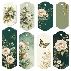 six tags with flowers and butterflies on them, all in green color scheme for gift cards