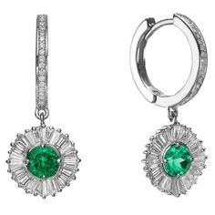 One of a Kind Ballerina Style Emerald and diamonds Earrings starring 2 natural emeralds 1.2 Carats and surrounded by 48 Baguette cut diamonds and 34 round diamonds. Jewel Details: Center- 2 Natural Emeralds, Round Brilliant cut 1.2 Carat Total Weight Surrounds- 48 Diamonds, Baguette Cut, 1.68 Carat Total Weight E-G VS 18 K white gold Earring Posts- 34 Diamonds, round brilliant cut 0.17 Carat total weight, E VS 14K white gold Diameter of posts is 16 mm Earrings come in a classic jewelry Box Match Emerald Diamond Earrings, White Gold Earring, Diamonds Earrings, Ballerina Style, Platinum Earrings, White Gold Earrings, Classic Jewelry, Antique Earrings, Diamond Drops