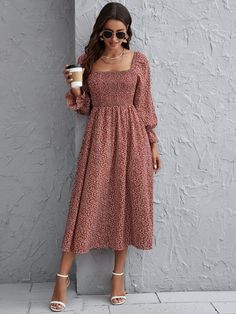 Redwood Elegant  Long Sleeve Cotton Plants,All Over Print A Line Embellished Non-Stretch Spring/Fall Women Dresses Floral Dress Outfits, Ditsy Floral Dress, Chique Outfits, Shein Dress, Modest Clothing, Fashion Attire, Modieuze Outfits, Flounce Sleeve, Inspired Outfits