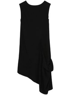 black draped detailing round neck sleeveless asymmetric hem Spring Pre-draped Midi Dress With Asymmetrical Hem, Black Pre-draped Asymmetrical Dress, Black Asymmetrical Neckline Pre-draped Dress, Black Asymmetrical Dress With Pre-draped Neckline, Spring Pre-draped Asymmetrical Dress, Pre-draped Midi Dress With Asymmetrical Hem For Summer, Summer Workwear Dress With Asymmetrical Skirt, Black Asymmetrical Dress For Work, Pre-draped Asymmetrical Dress For Spring