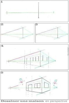 three diagrams showing how to draw a house with different angles and lines on the walls