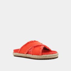 Upgrade your summer wardrobe with the CORTNEY slip-on sandals! Thanks to their molded footbed, these sandals will provide exceptional comfort. The bright coral-colored distressed textile fabric adds a pop of color to your casual outfits, while the rope-detailed outsole adds sophistication. A pair of slip-on sandals that are chic and versatile, making them perfect for any occasion. Don't miss out on the chance to elevate your summer style with these sandals! Wedge Heel Sneakers, Casual Basics, Concert Dresses, Kimono Sweater, Platform Wedge Heels, Sandal Platform, Loafer Mules, Slipper Boots, Sneaker Heels