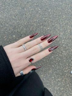 ✧.* dark red nails Long Almond Nails, Dark Red Nails, Long Acrylic Nail Designs, Cute Simple Nails, Gothic Nails, Cherry Nails, One Color Nails, Goth Nails, Pretty Gel Nails