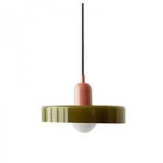 a pink and green light hanging from a ceiling fixture with a black cord attached to it