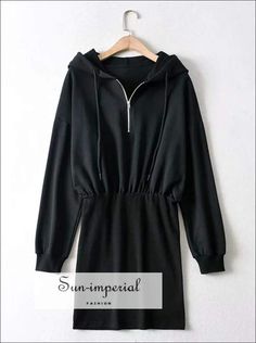 Black Half Zip front Mini Hoodie Sweat Dress Drop Shoulder Hooded Sweat Sporty Mini Dress Imperial Fashion, Table S, Sweat Dress, Sweat Hoodie, High Fashion Street Style, Solid Dress, Season Autumn, Full Sleeve, Mini Black Dress