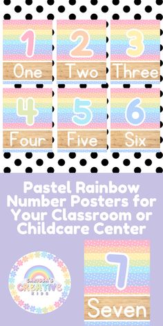 the rainbow number posters for children's classroom centers are shown in three different colors