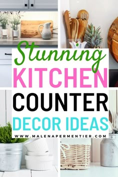 kitchen counter decor ideas Counter Top Baskets, Counter Top Decor Modern, Farmhouse Utensil Holder Ideas, Counter Plant Stand, Decorating A Cake Stand, Kitchen Countertop Decor Minimalist, Kitchen Utensil Display, Kitchen Island Plant Decor, Kitchen Trays Countertops