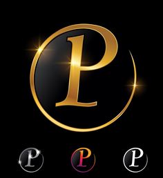 the letter p in gold, silver and black with three different colored circles around it