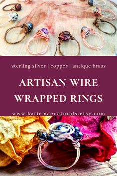 We have a beautiful selection of hand made wire wrapped rings made with sterling silver, silver plated, copper, or brass wire.  Several different gemstones to choose from - hematite, dalmation jasper, snowflake obsidian and more!  #wirewrapping #wirewrappedrings #gemstonejewelry #handmade #artisanjewelry Catholic Earrings, Dalmation Jasper, Jewelry Making Business, Wrapped Rings, Mind And Soul, Snowflake Obsidian, Confirmation Gifts, Wire Wrapped Rings