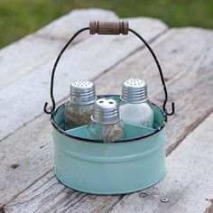 Round Bucket Salt Pepper and Toothpick Caddy - Seafoam - D&J Farmhouse Collections Galley Wall, Kitchen Caddy, Chic Candles, Tin Can Crafts, Metal Bucket, Happy Gifts, Glass Mason Jars, Can Crafts