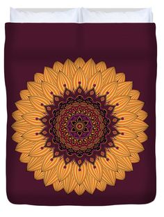 a yellow and red flower on a maroon background duvet cover featuring an ornate design