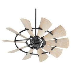 a ceiling fan with wooden blades hanging from it's center point on an isolated white background