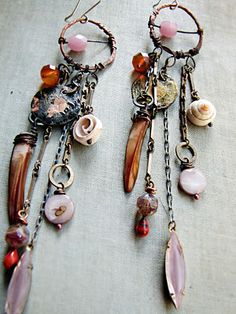 from Sparrow Salvage   basically, an amazing conglomerate of beaded dangles make....an art charm. Assemblage Earrings, The Bling Ring, Mixed Media Jewelry, Vintage Chain, Pink Necklace, Amulets, Bohemian Earrings