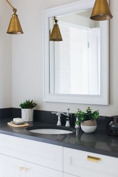 a bathroom sink with two lights above it