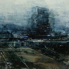 an abstract painting of a cityscape with train tracks and buildings in the background