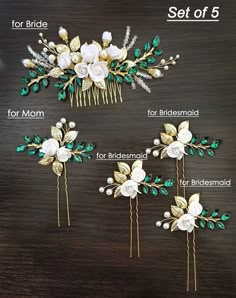 the instructions for how to make an elegant flower hair comb with pearls and green leaves