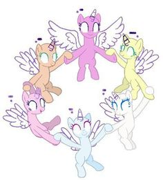 five little ponys are standing in a circle