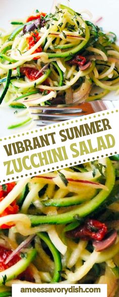 a white plate topped with zucchini salad next to a fork