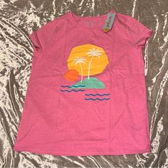 Brand New Beachy Cotton Top For Vacation, Cotton Tops For Vacation, Pink Summer T-shirt For Vacation, Playful Pink Shirt For Summer, Playful Pink Summer Top, Pink Summer Vacation Top, Playful Pink Summer Tops, Pink Summer Vacation Tops, Fun Cotton Top For The Beach