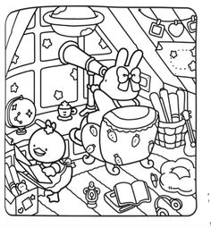 an image of a coloring book page with cartoon characters and objects in the background, black and white