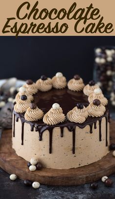 chocolate espresso cake on a wooden board with the words chocolate espresso cake above it