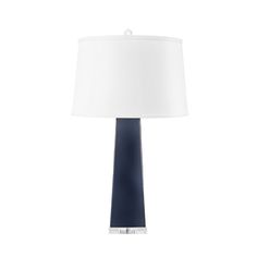 a table lamp with a blue base and white lampshade on the bottom side