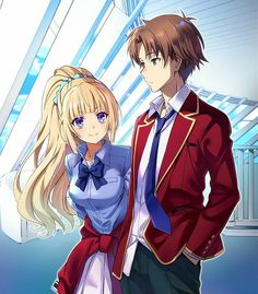 two anime characters standing next to each other with long blonde hair and wearing blue eyes