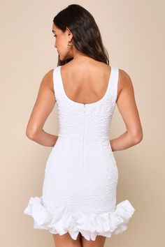 Having everyone adore your look is always a plus, which is why you'll want to wear the Lulus Extravagant Poise White Textured Jacquard Bubble-Hem Mini Dress when you want a little extra attention! Textured woven jacquard shapes this eye-catching dress that features a sleeveless bodice with corset-style seams and a scoop neck (and back), supported by wide tank straps. The fitted waist tops a figure-flaunting skirt that falls to a bubble-style mini hem adorned with voluminous ruffle trim. Hidden back zipper/clasp. Fit: This garment fits true to size. Length: Above mid-thigh. Size medium measures 32" from shoulder to hem. Bust: Great for any cup size. Waist: Fitted - very fitted at natural waist. Hip: Fitted - stretchy fabric allows room for hips. Undergarments: May be worn with a strapless b Fitted Textured Fabric Party Dress, Fitted Textured Party Dress, Elegant Fitted Dress With Textured Fabric, Bubble Style, Lulu Fashion, Bubble Hem, Jacquard Dress, Corset Style, A Plus