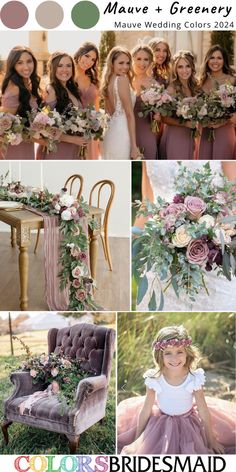 the bridesmaid is posing for pictures with their bouquets and chairs in front of them